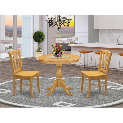 EAST WEST FURNITURE - AMDL3-OAK-W - 3-Piece Dining Room Table Set- 2 Modern Dining Room Chair and Dining Table - Wooden Seat and Slatted Chair Back - Oak Finish