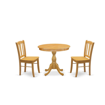 EAST WEST FURNITURE - AMDL3-OAK-W - 3-Piece Dining Room Table Set- 2 Modern Dining Room Chair and Dining Table - Wooden Seat and Slatted Chair Back - Oak Finish