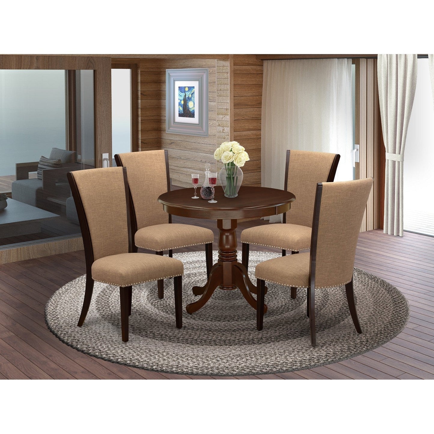 EAST WEST FURNITURE - ANVE5-MAH-47 - 5 Piece Dining Table Set - 4 Light Sable Linen Fabric Kitchen Chairs with High Back and 1 Dining Room Table - Mahogany Finish